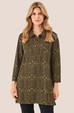 Masai Tunic Women's Medium MaGally Jersey Plantation Print Black Lagenlook Zip